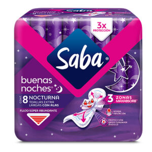 TOALLAS SABA BUENAS NOCHES EXTRA LARGAS CON ALAS X8 UNIDADES